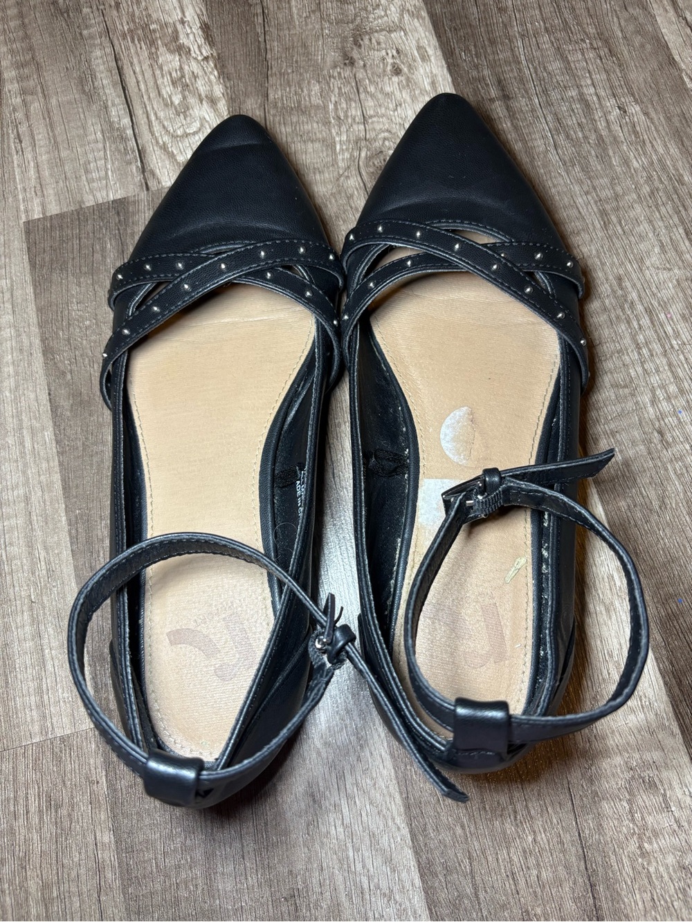 Black Pointed-Toe Ankle-Strap Flats with Studded Cross Straps